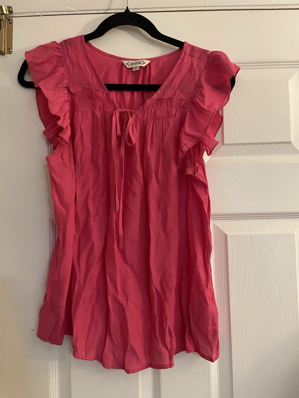 Nanette Lepore Women's Pink Sleeveless Blouse tie up Front V Neck Sheer Size Med